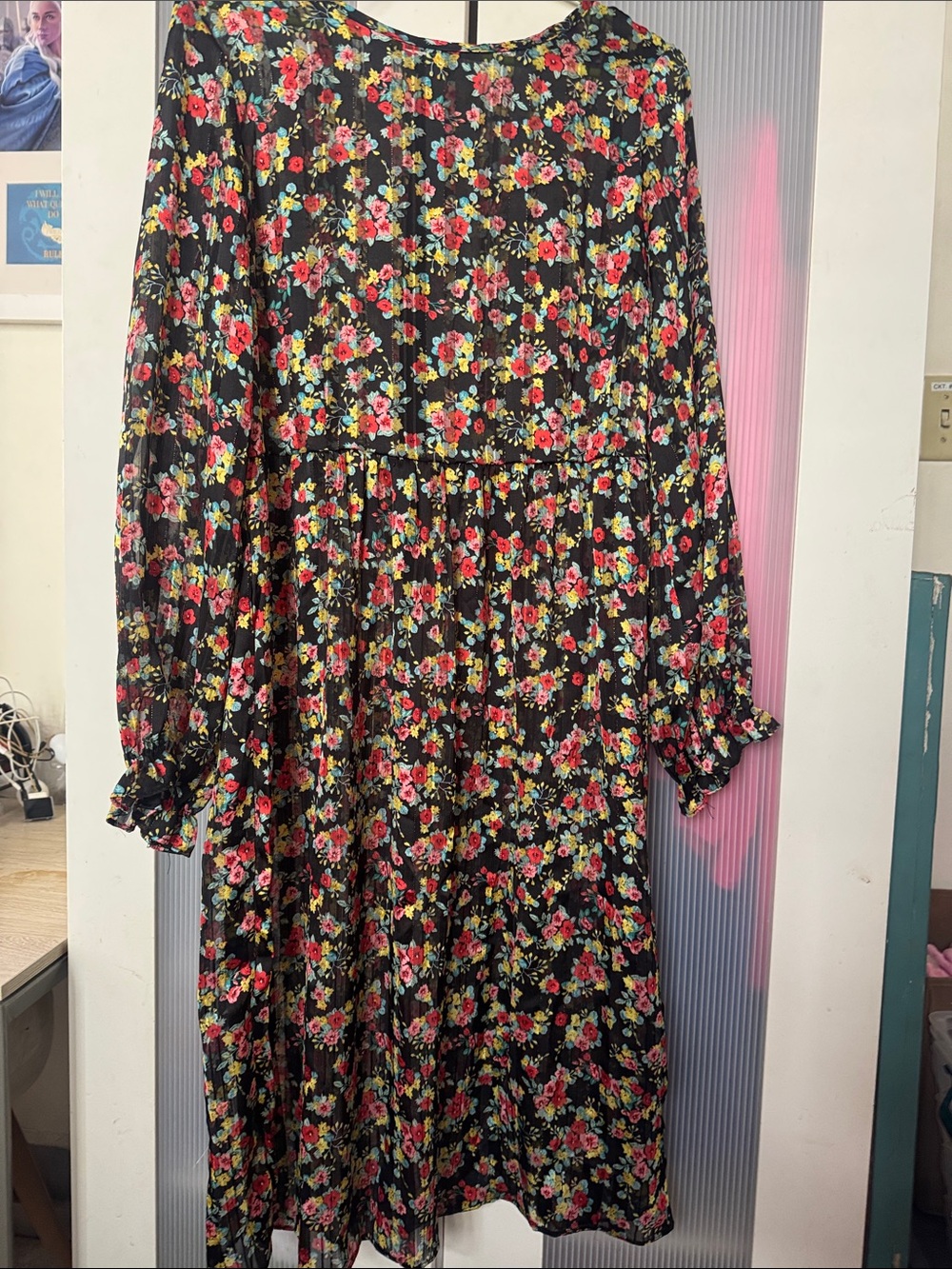 Floral Black Long-Sleeve Midi Dress